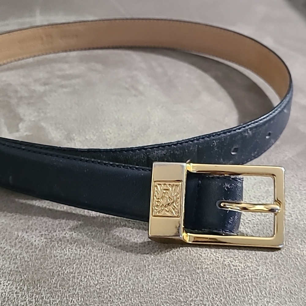 Vtg Anne Klein Genuine Leather Blue Belt Gold Buckle Size Small
